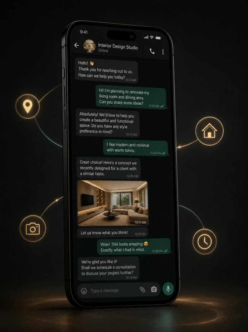 Chatting with Archadeo Homes on WhatsApp about an interior design project
